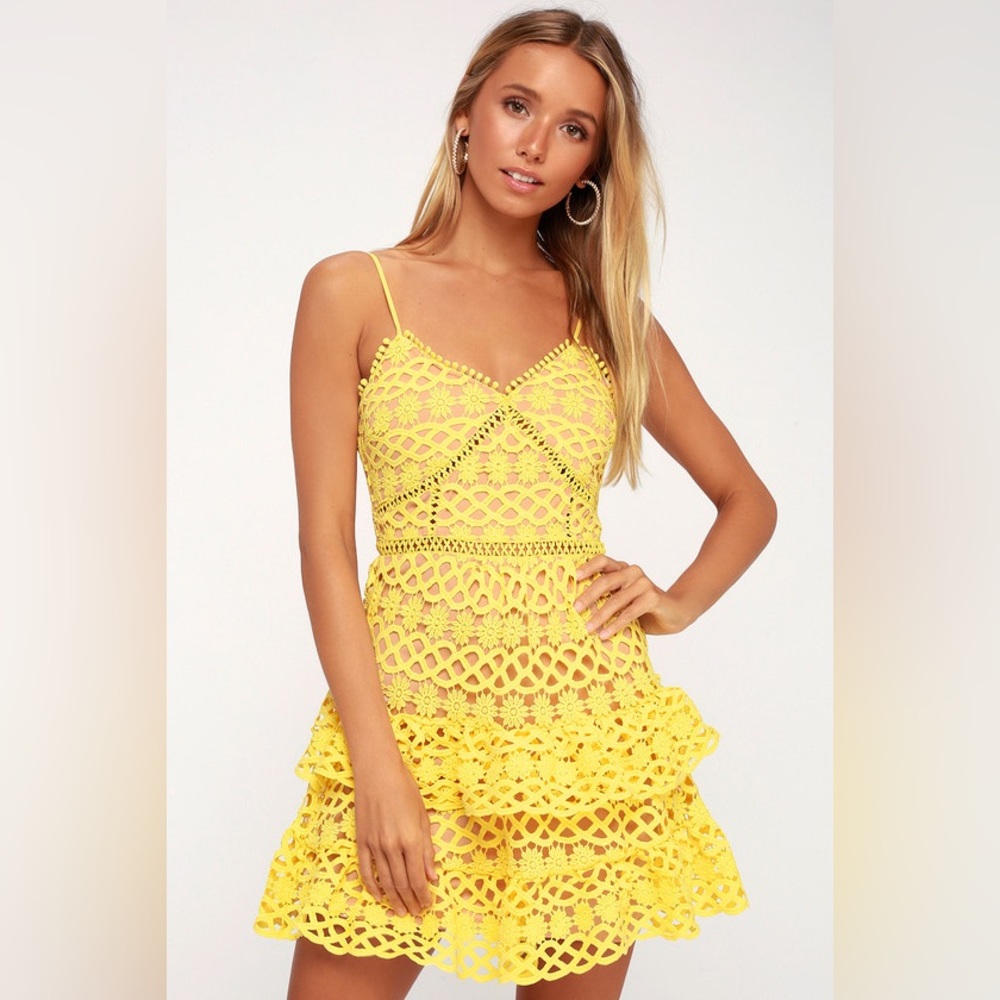 Lulu’s Beauty and Lace Yellow Mini Dress